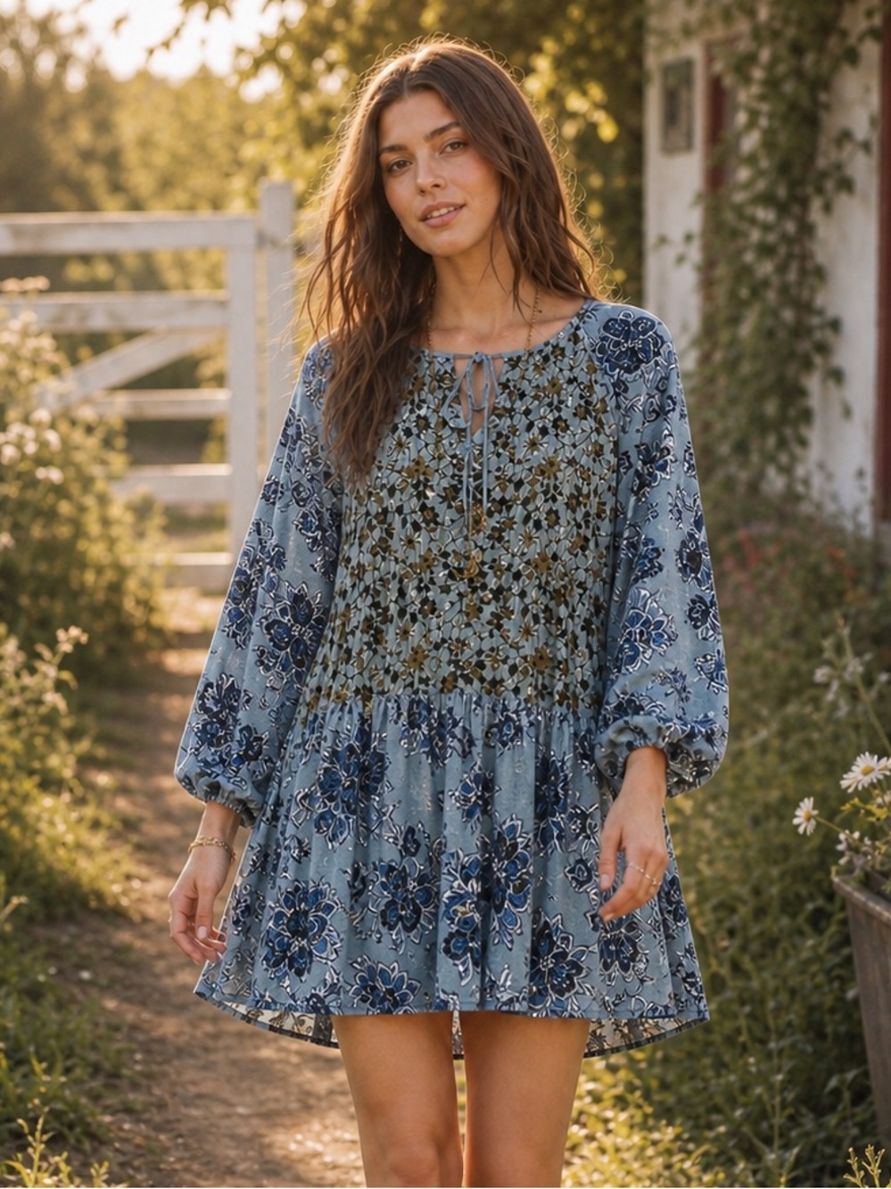 FREE PEOPLE Lucky Loosie Blue Mixed Floral Mini Dress Cottagecore Boho Babydoll